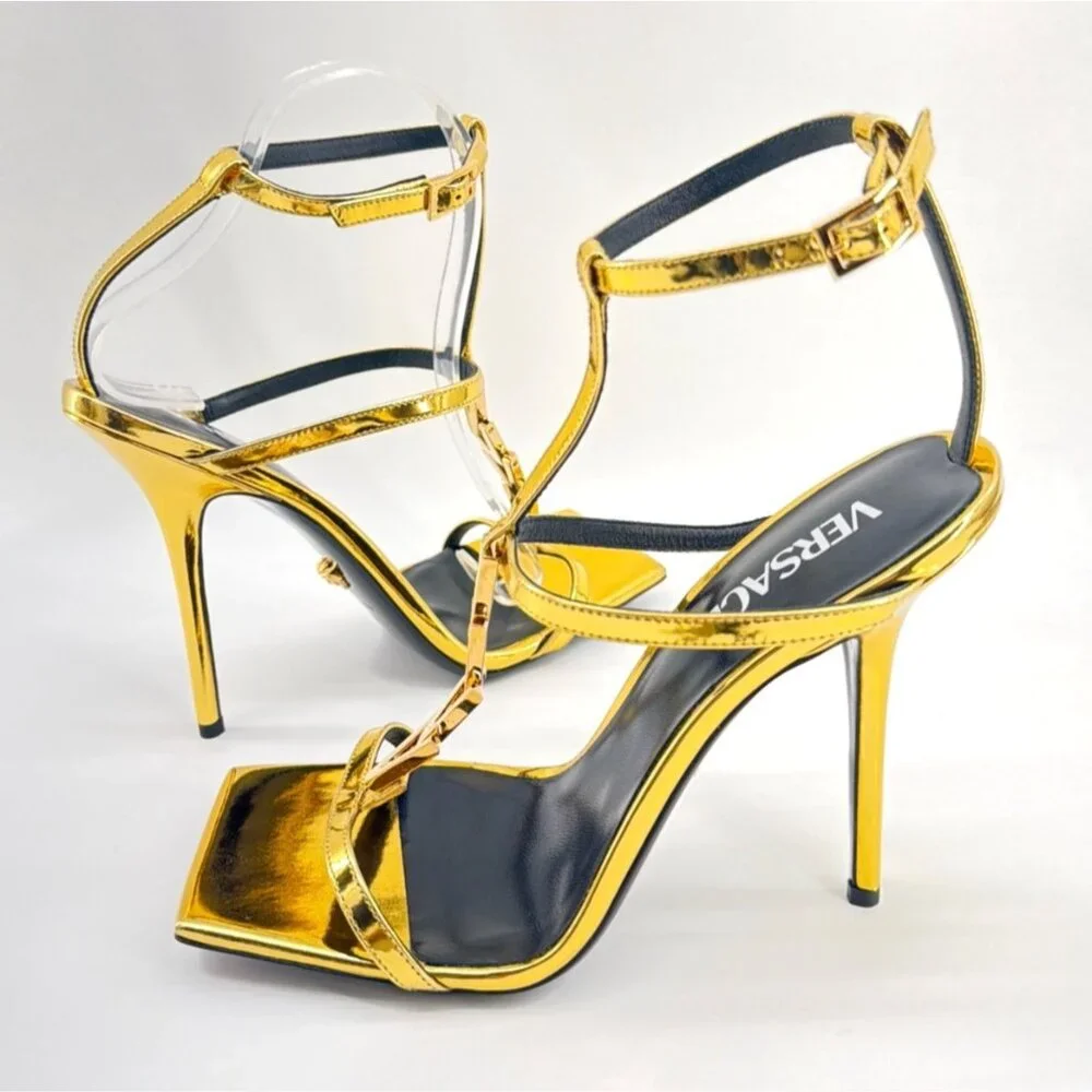 Versace V2025 Chain Metallic Leather Heels Gold 105mm Stiletto Sandals Size 39